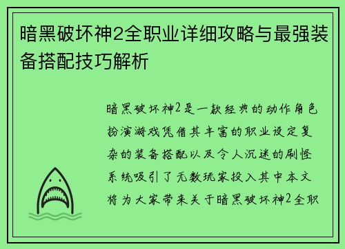 暗黑破坏神2全职业详细攻略与最强装备搭配技巧解析